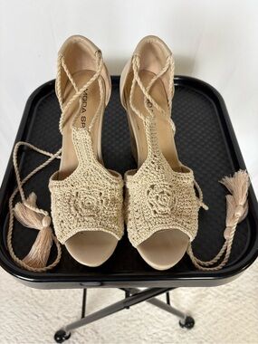 Moda Spana Crochet Lace-Up Wedge Sandals in Beige